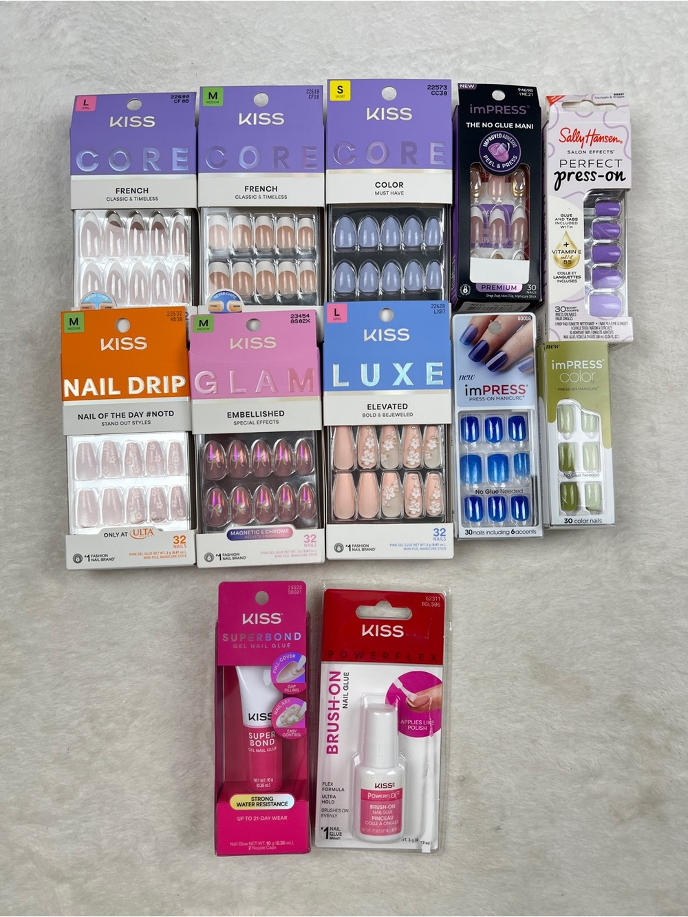 KISS imPRESS Sally Hansen Press On Nails Lot 12pc + Nail Glue NEW